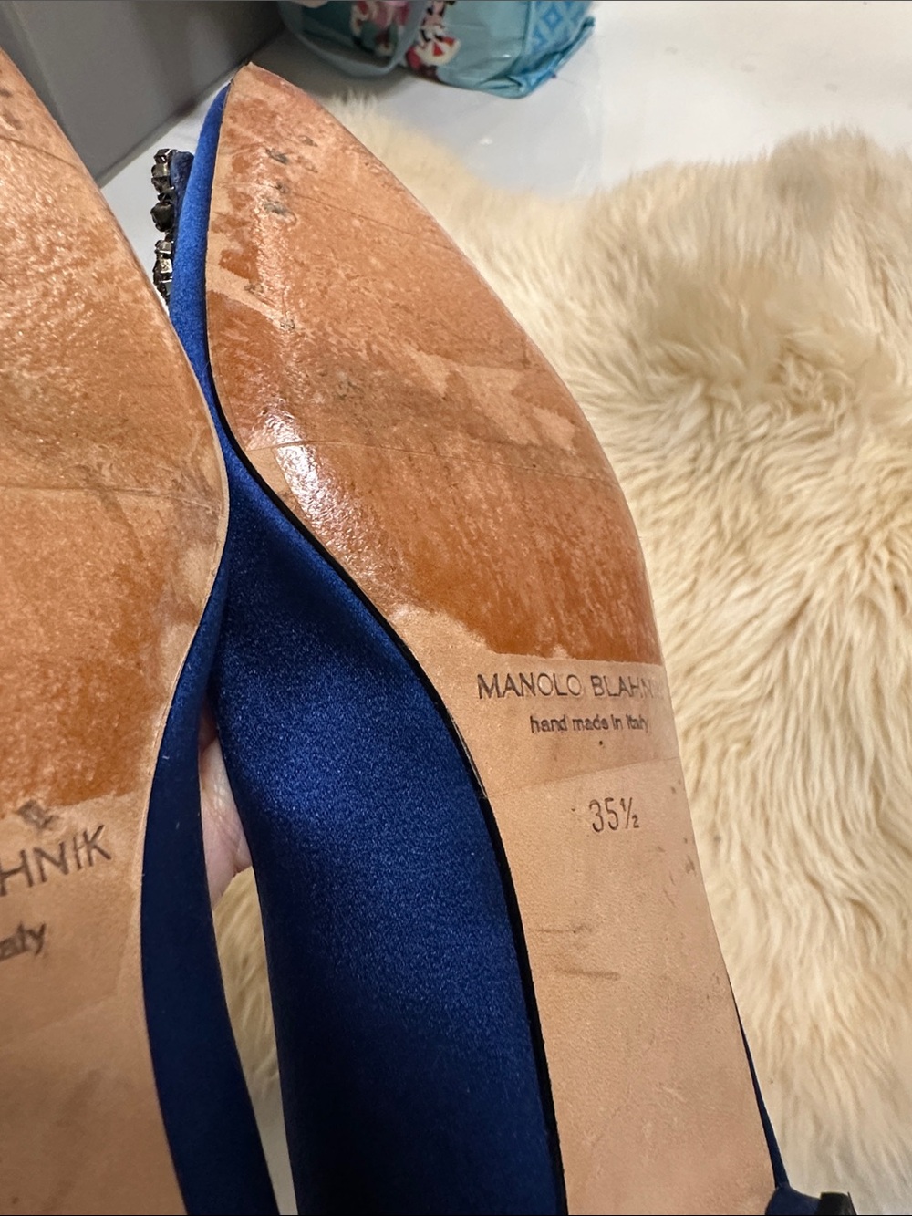 Manolo Blahnik Royal Blue Satin Pointed-Toe Flats with Crystal Buckles - Picture 6 of 7